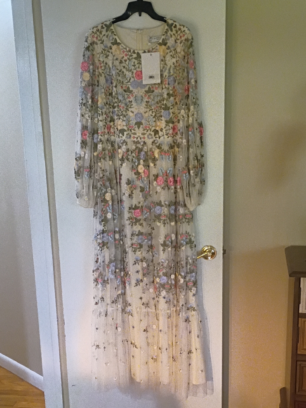 Mac Duggal Ivory Sheer Dress with Multicolor Floral Embroidery